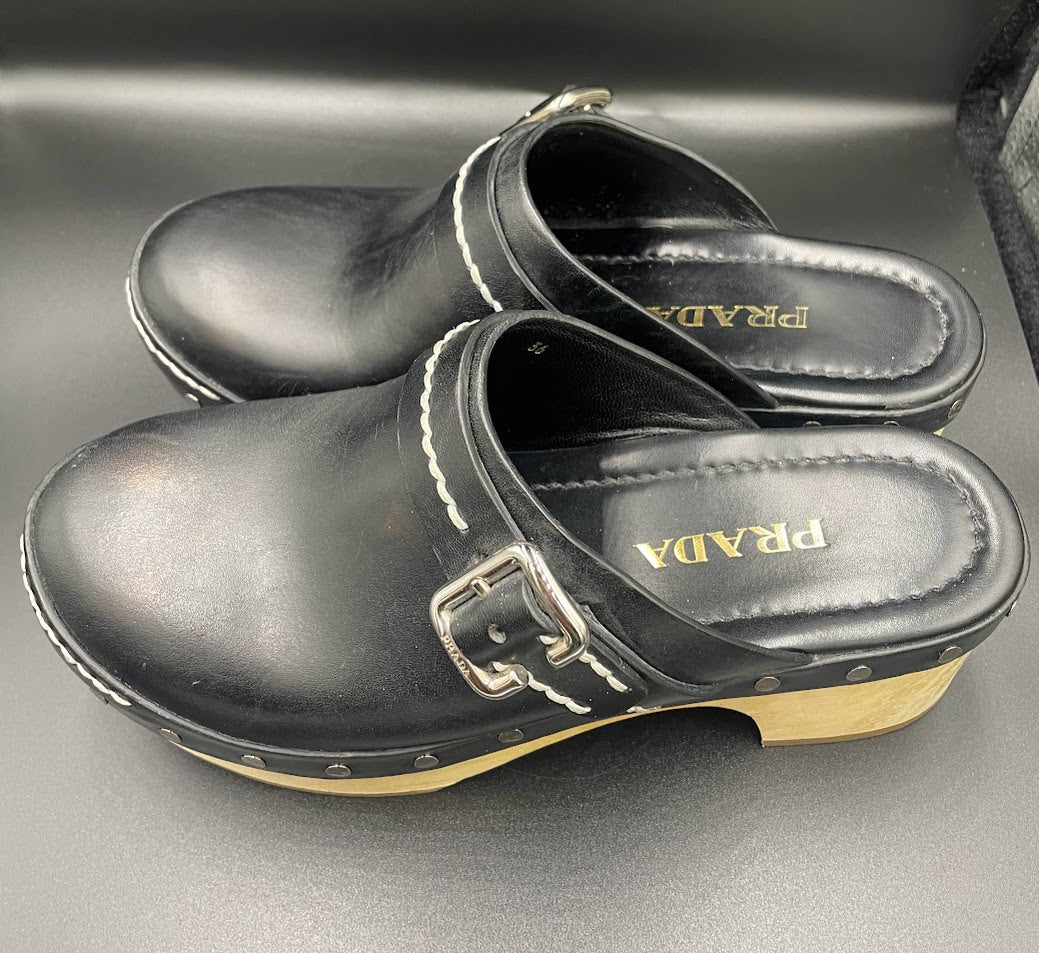 Prada Buckle Studded Clogs Size 6