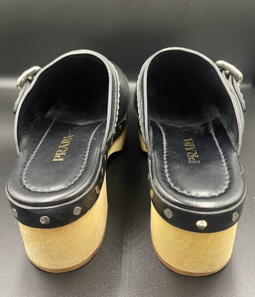 Prada Buckle Studded Clogs Size 6